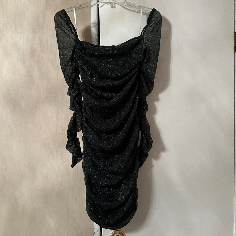 SHEIN XL (Medium Large) Dark Green Dress Sheer Sleeves w Sparkles